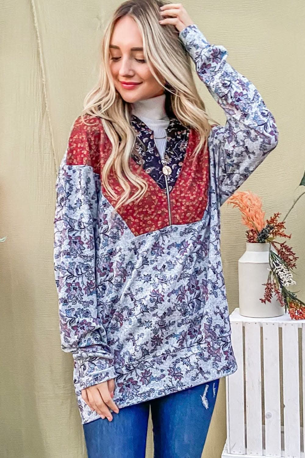 Stylish half zip hoodie with printed flair - Love Salve